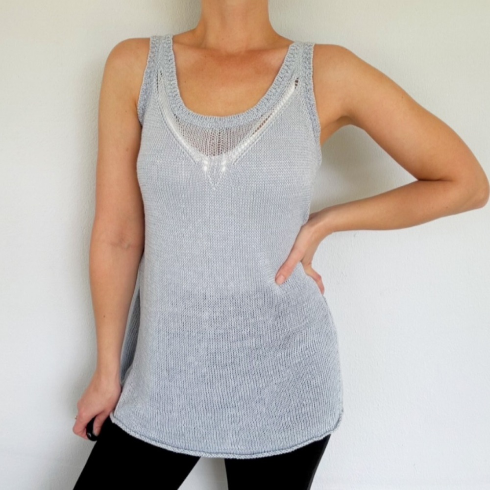 Poetry light blue 100% linen crochet knit sleeveless sweater top size large
